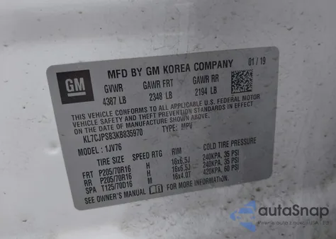 2019 Chevrolet Trax Lt from USA, damaged, VIN KL7CJPSB3KB835970